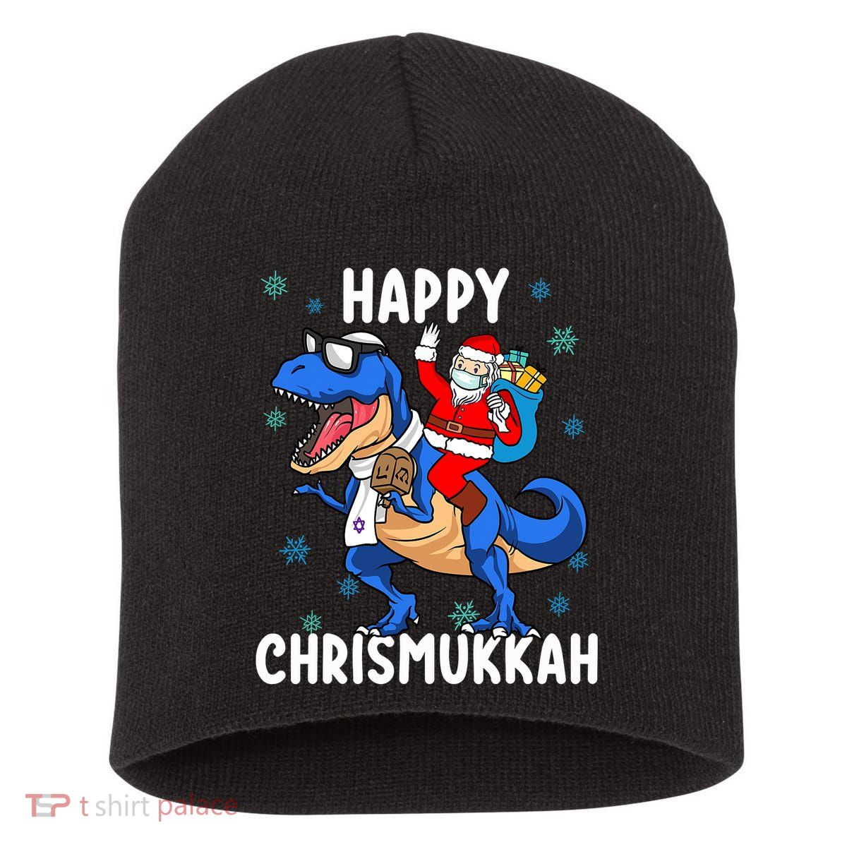 Happy Chrismukkah Funny Hanukkah Christmas Jewish Xmas Santa Dinosaur Short Acrylic Beanie