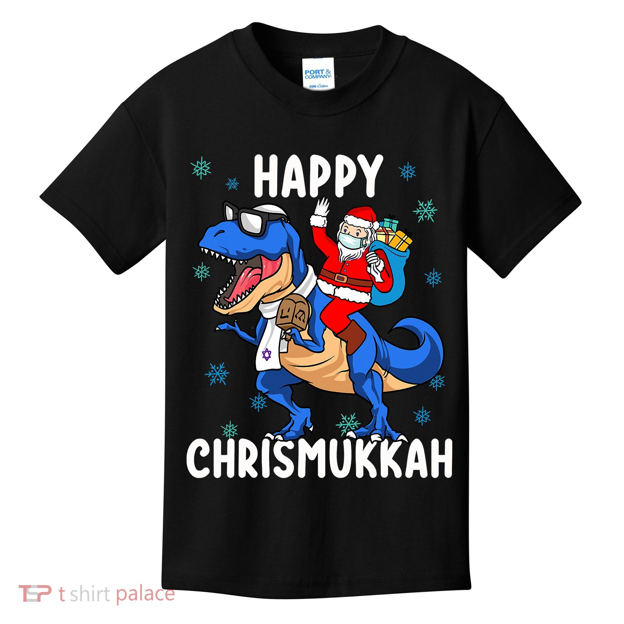 Happy Chrismukkah Funny Hanukkah Christmas Jewish Xmas Santa Dinosaur Kids T-Shirt