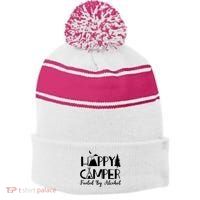 Happy Camper Fueled By Alcohol Camping Drinking Party Stripe Pom Pom Beanie