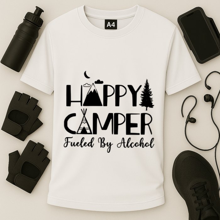 Happy Camper Fueled By Alcohol Camping Drinking Party Cooling Performance Crew T-Shirt