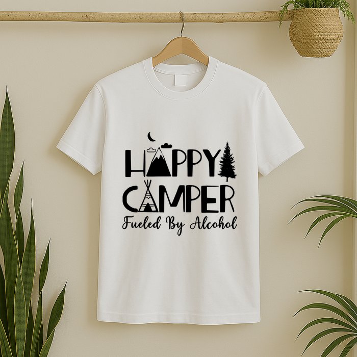 Happy Camper Fueled By Alcohol Camping Drinking Party T-Shirt
