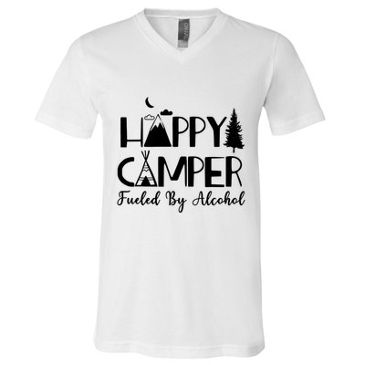 Happy Camper Fueled By Alcohol Camping Drinking Party V-Neck T-Shirt