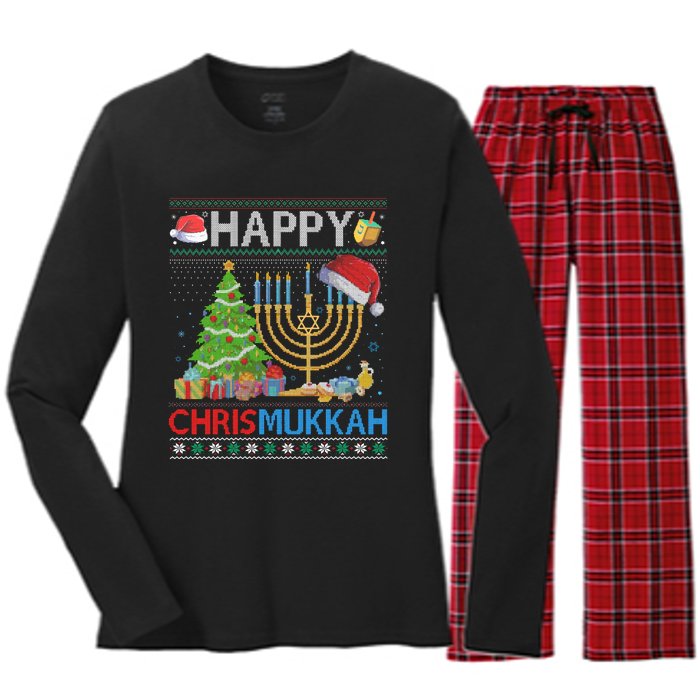 Happy Chrismukkah Funny Jewish Christmas Hanukkah Chanukah Women's Long Sleeve Flannel Pajama Set 