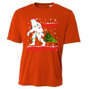 Hairy Christmas Funny Bigfoot Xmas Santa Hat Family Matching Gift Cooling Performance Crew T-Shirt