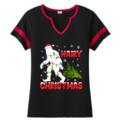 Hairy Christmas Funny Bigfoot Xmas Santa Hat Family Matching Gift Ladies Halftime Notch Neck Tee