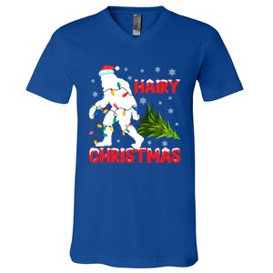 Hairy Christmas Funny Bigfoot Xmas Santa Hat Family Matching Gift V-Neck T-Shirt