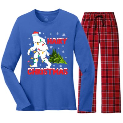 Hairy Christmas Funny Bigfoot Xmas Santa Hat Family Matching Gift Women's Long Sleeve Flannel Pajama Set 