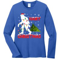 Hairy Christmas Funny Bigfoot Xmas Santa Hat Family Matching Gift Ladies Long Sleeve Shirt