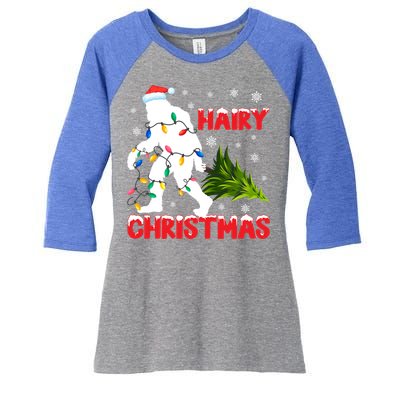 Hairy Christmas Funny Bigfoot Xmas Santa Hat Family Matching Gift Women's Tri-Blend 3/4-Sleeve Raglan Shirt