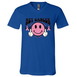 Hey Cancer Funny Breast Cancer Awareness Happy Face Cute Gift V-Neck T-Shirt