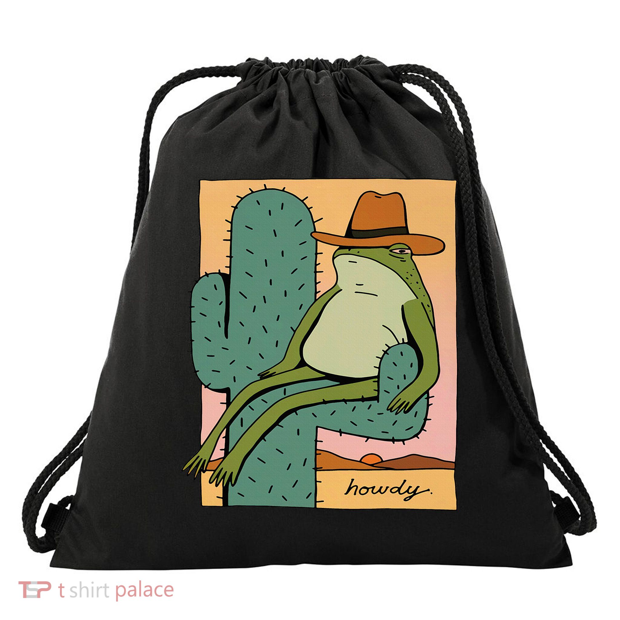 Howdy Cactus Frog Hat Meme Cute Drawstring Bag