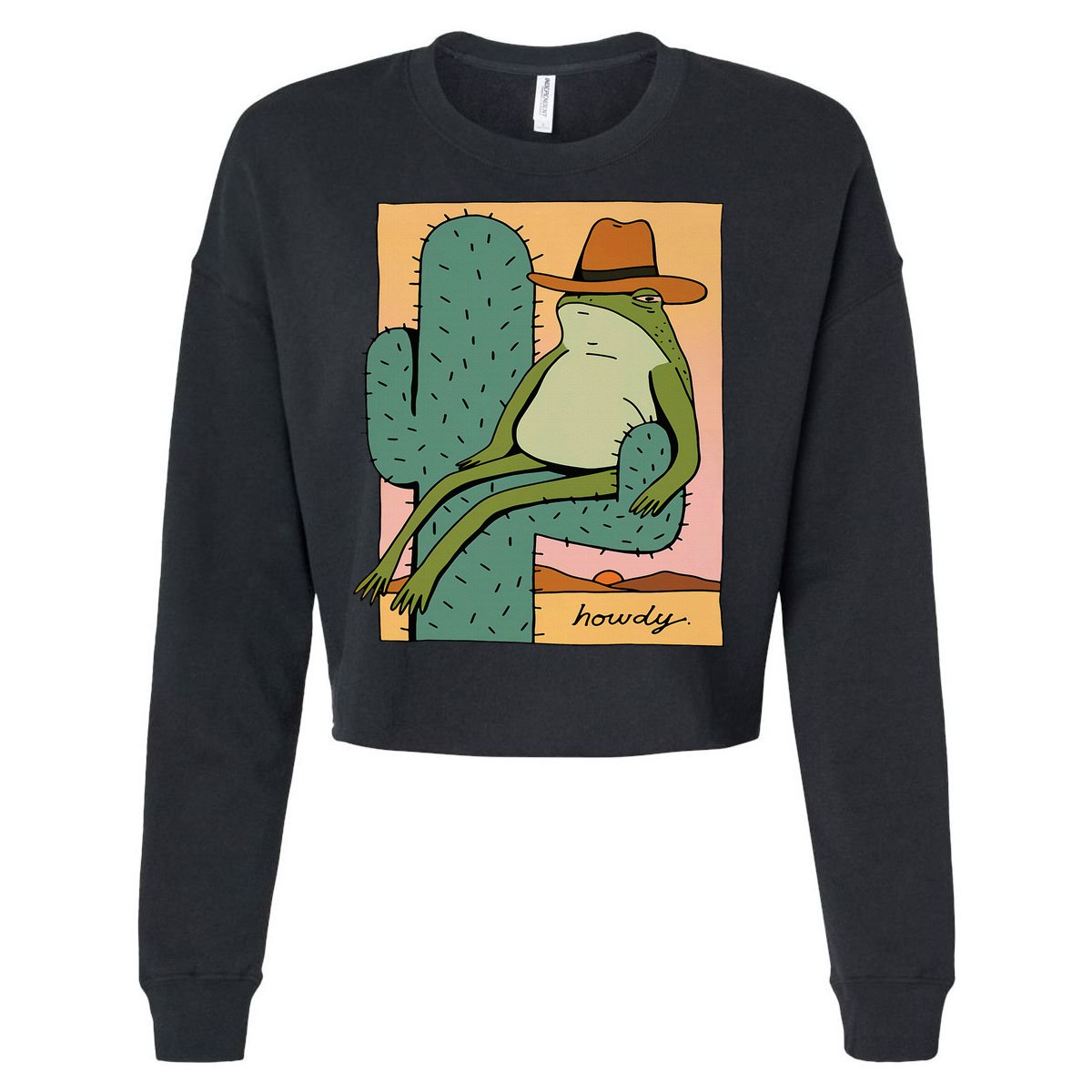 Howdy Cactus Frog Hat Meme Cute Cropped Pullover Crew