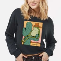 Howdy Cactus Frog Hat Meme Cute Cropped Pullover Crew