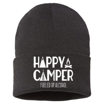 Happy Camper Fueled By Alcohol Funny Drinking Party Camping Sustainable Knit Beanie