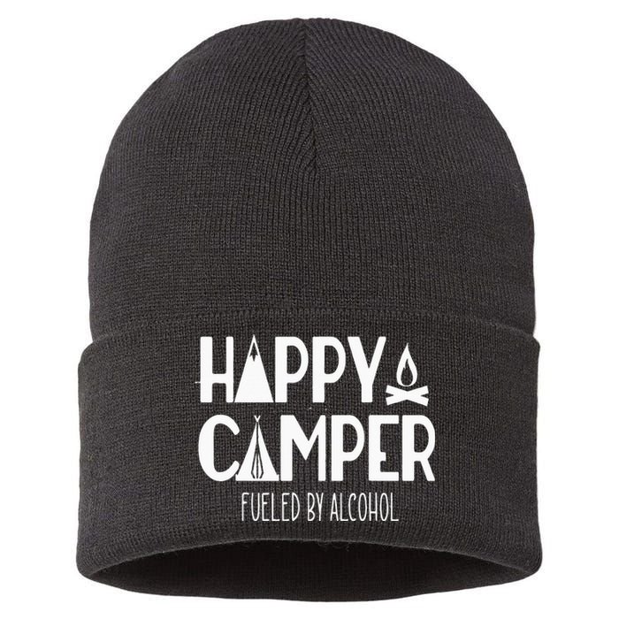 Happy Camper Fueled By Alcohol Funny Drinking Party Camping Sustainable Knit Beanie