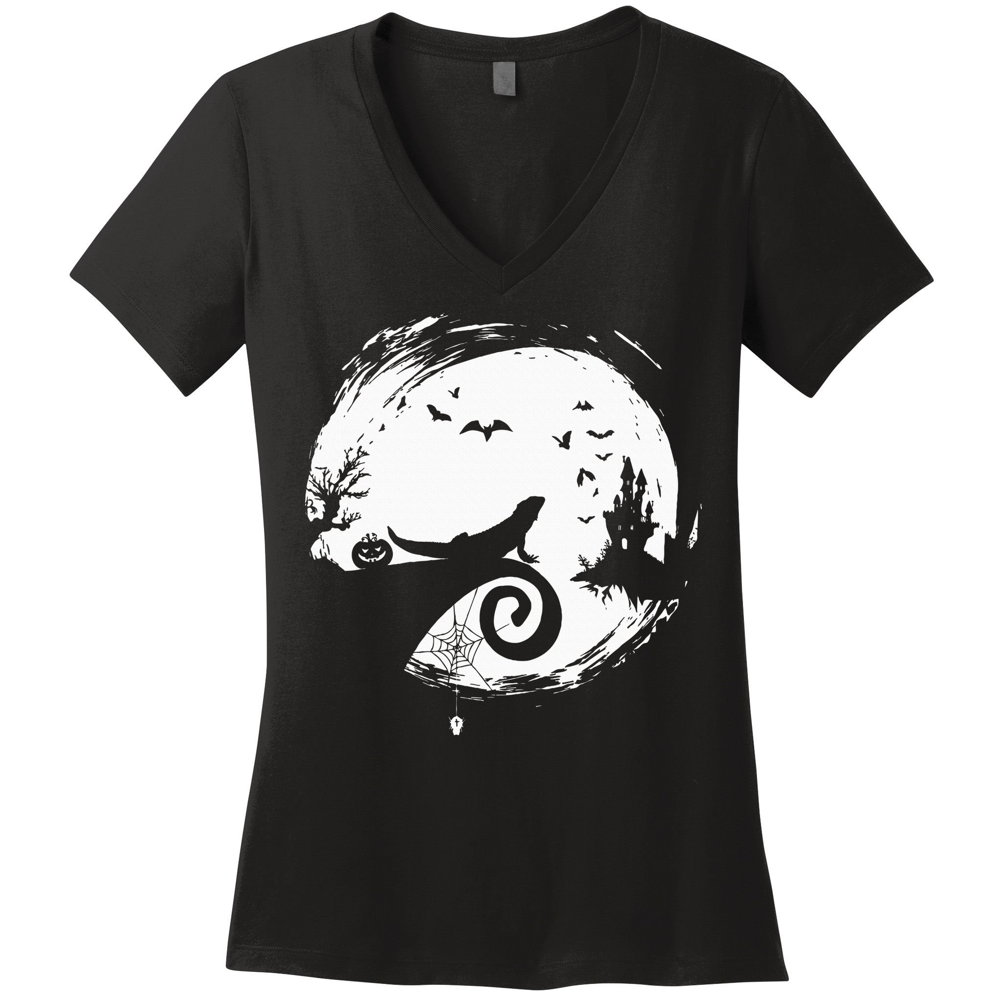 Halloween Costume for Bearded Dragon Spooky Moon Silhouette Women's V-Neck T-Shirt