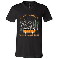 Happy Camper Fueled By Alcohol Funny Drinking Party Camping V-Neck T-Shirt