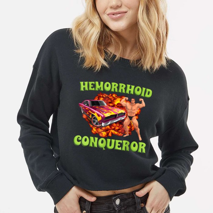 Hemorrhoid Conqueror Funny Meme Weird Offensive Cringe Joke Cropped Pullover Crew