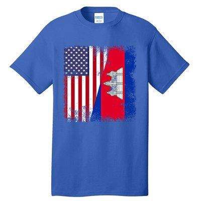 Half Cambodian Flag Vintage Cambodia Usa Gift Funny Gift Tall T-Shirt