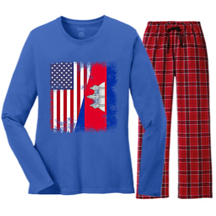 Half Cambodian Flag Vintage Cambodia Usa Gift Funny Gift Women's Long Sleeve Flannel Pajama Set 