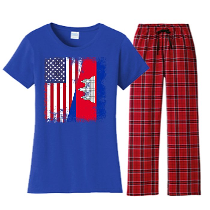 Half Cambodian Flag Vintage Cambodia Usa Gift Funny Gift Women's Flannel Pajama Set