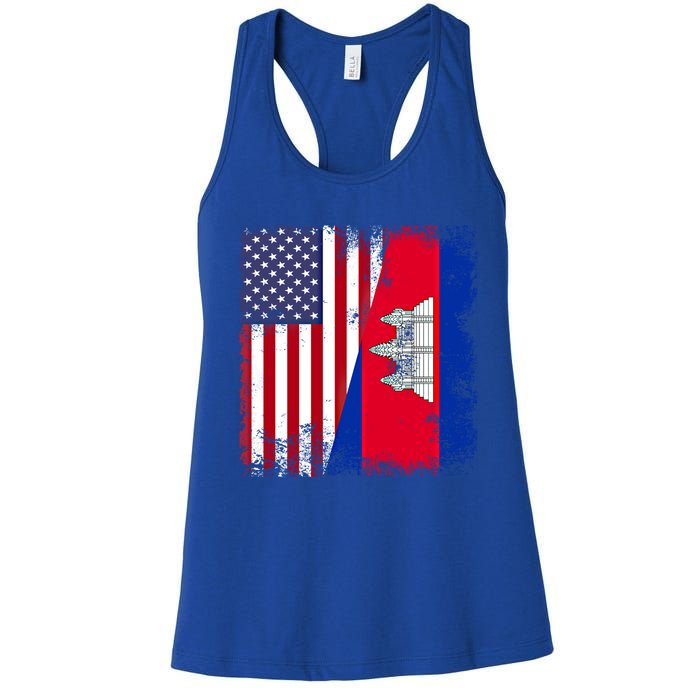 Half Cambodian Flag Vintage Cambodia Usa Gift Funny Gift Women's Racerback Tank