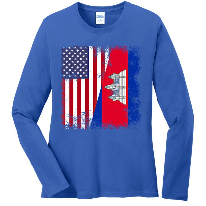 Half Cambodian Flag Vintage Cambodia Usa Gift Funny Gift Ladies Long Sleeve Shirt