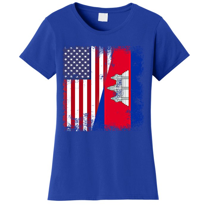 Half Cambodian Flag Vintage Cambodia Usa Gift Funny Gift Women's T-Shirt