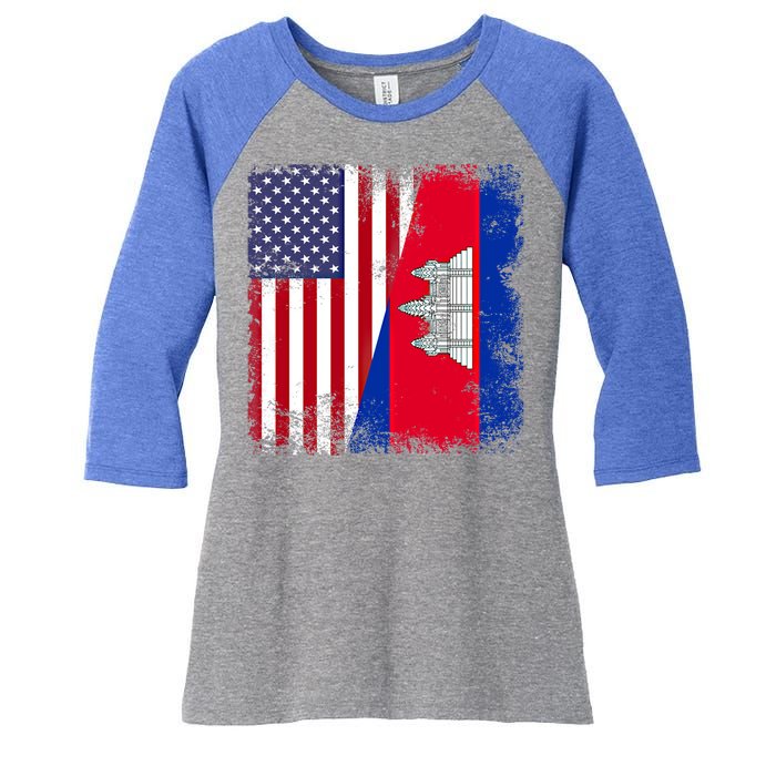 Half Cambodian Flag Vintage Cambodia Usa Gift Funny Gift Women's Tri-Blend 3/4-Sleeve Raglan Shirt