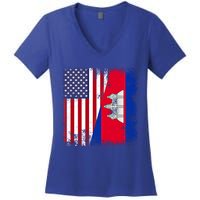 Half Cambodian Flag Vintage Cambodia Usa Gift Funny Gift Women's V-Neck T-Shirt