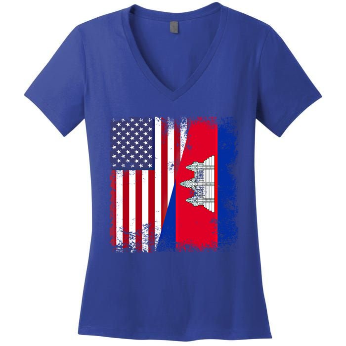 Half Cambodian Flag Vintage Cambodia Usa Gift Funny Gift Women's V-Neck T-Shirt