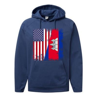 Half Cambodian Flag Vintage Cambodia Usa Gift Funny Gift Performance Fleece Hoodie