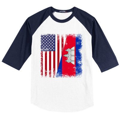 Half Cambodian Flag Vintage Cambodia Usa Gift Funny Gift Baseball Sleeve Shirt