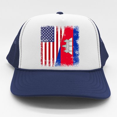 Half Cambodian Flag Vintage Cambodia Usa Gift Funny Gift Trucker Hat