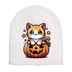 Halloween Cat Funny Fall Pumpkin Cat Lover Cute Short Acrylic Beanie