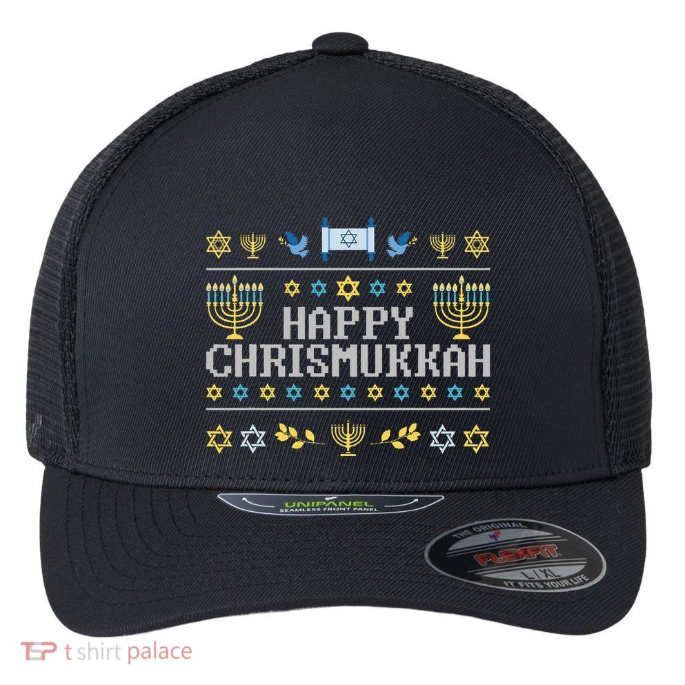 Happy Chrismukkah Funny Hanukkah Christmas Jewish Xmas Flexfit Unipanel Trucker Cap