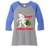 Hairy Christmas Funny Bigfoot Xmas Santa Hat Family Matching Meaningful Gift Women's Tri-Blend 3/4-Sleeve Raglan Shirt