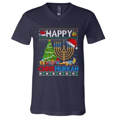 Happy Chrismukkah Funny Jewish Christmas Hanukkah Chanukah V-Neck T-Shirt