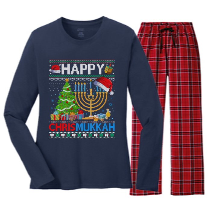 Happy Chrismukkah Funny Jewish Christmas Hanukkah Chanukah Women's Long Sleeve Flannel Pajama Set 