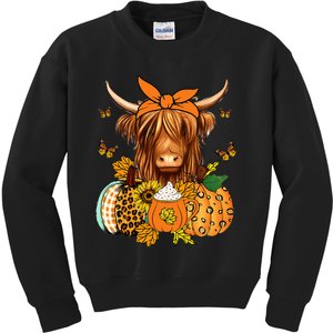 Highland Cow Fall And Leaves Pumpkins Autumn Thanksgiving Kids Sweatshirt