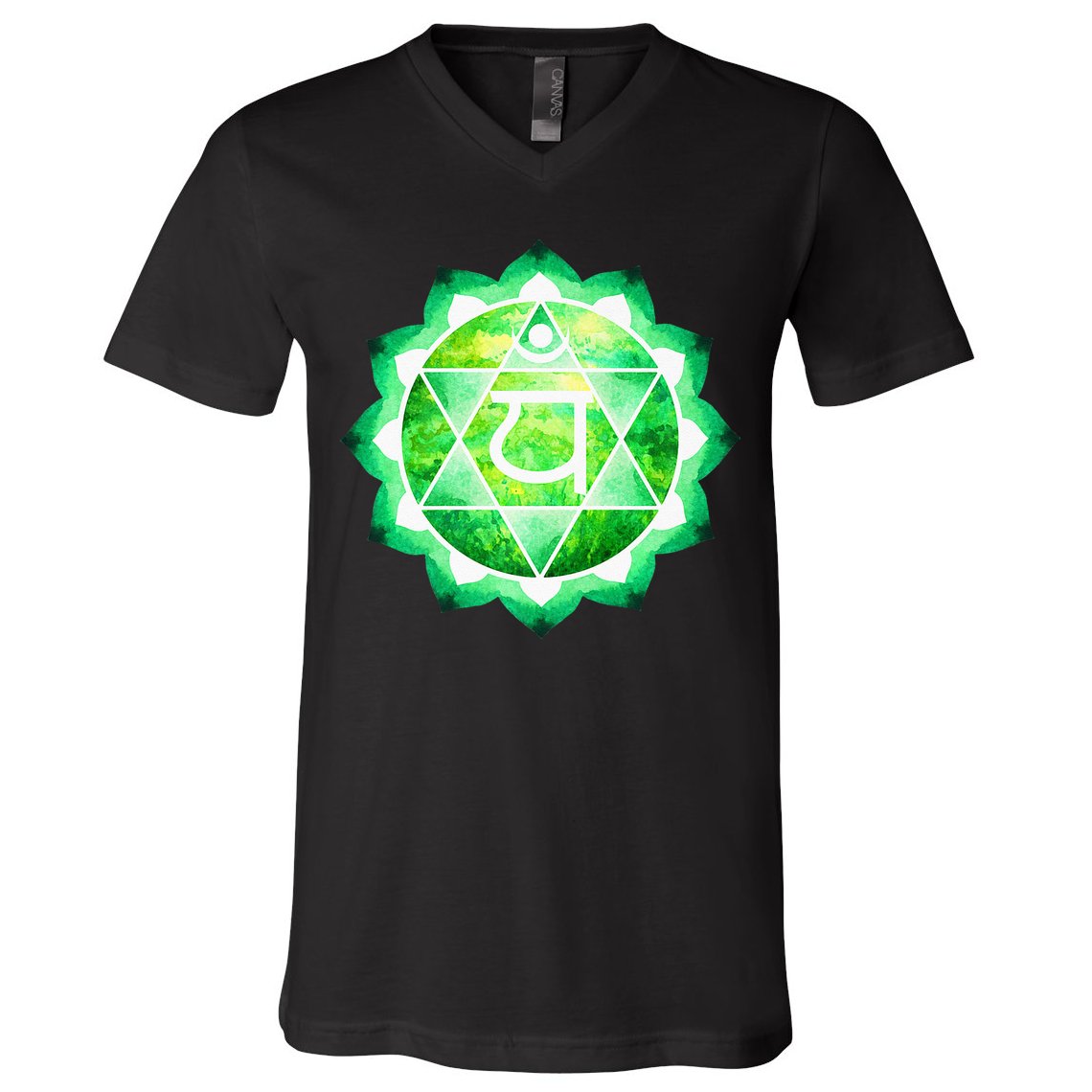 Heart Chakra Green Watercolor Lotus Mandala Yoga OM V-Neck T-Shirt