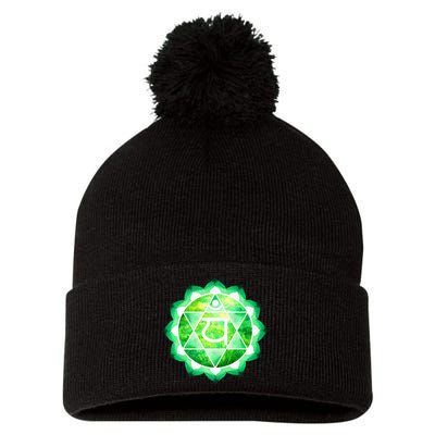 Heart Chakra Green Watercolor Lotus Mandala Yoga OM Pom Pom 12in Knit Beanie