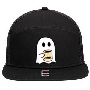 Halloween Costume Ghost Drinking Coffee Funny Coffee Lover Gift 7 Panel Mesh Trucker Snapback Hat