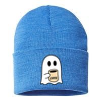 Halloween Costume Ghost Drinking Coffee Funny Coffee Lover Gift Sustainable Knit Beanie