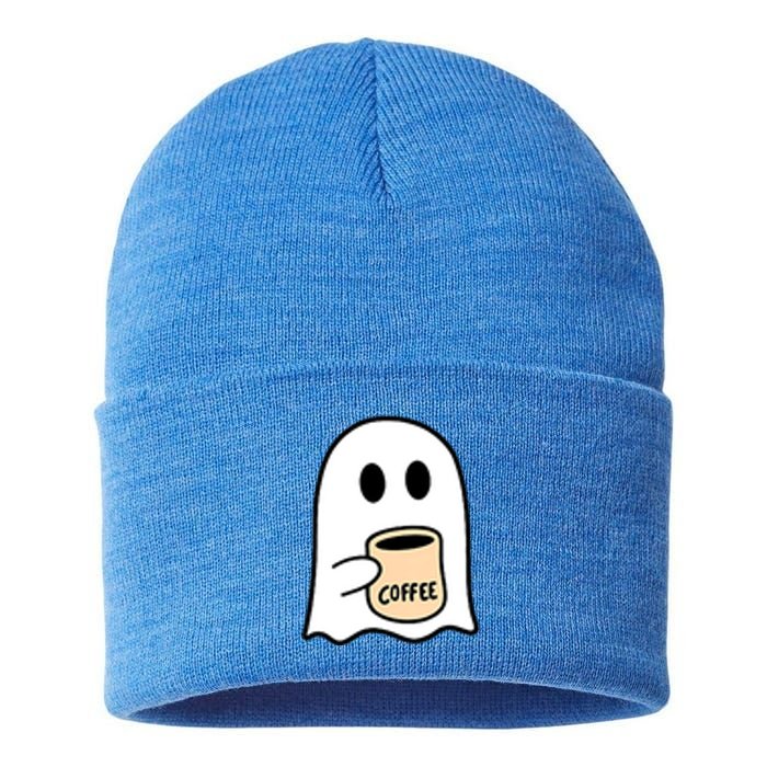 Halloween Costume Ghost Drinking Coffee Funny Coffee Lover Gift Sustainable Knit Beanie