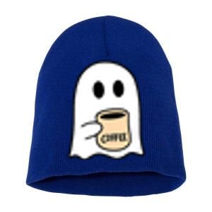 Halloween Costume Ghost Drinking Coffee Funny Coffee Lover Gift Short Acrylic Beanie