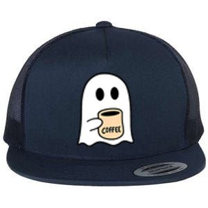 Halloween Costume Ghost Drinking Coffee Funny Coffee Lover Gift Flat Bill Trucker Hat