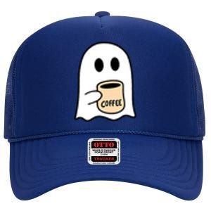 Halloween Costume Ghost Drinking Coffee Funny Coffee Lover Gift High Crown Mesh Back Trucker Hat