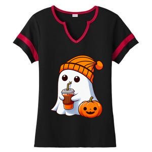 Halloween Costume Ghost Drinking Pumpkin Ladies Halftime Notch Neck Tee