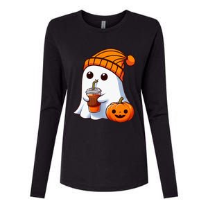 Halloween Costume Ghost Drinking Pumpkin Womens Cotton Relaxed Long Sleeve T-Shirt